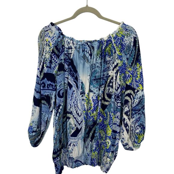 Desigual Off Shoulder Top Size XL Sheila Blue Mediterranean Pattern Long Sleeves - Picture 6 of 11